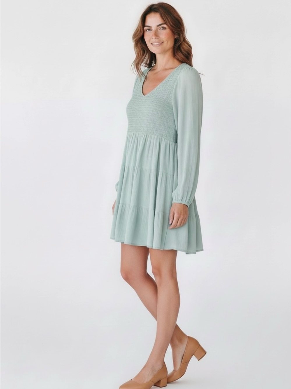 Altar’d State Smocked Tiered Mini Dress in Sage Green- Size M